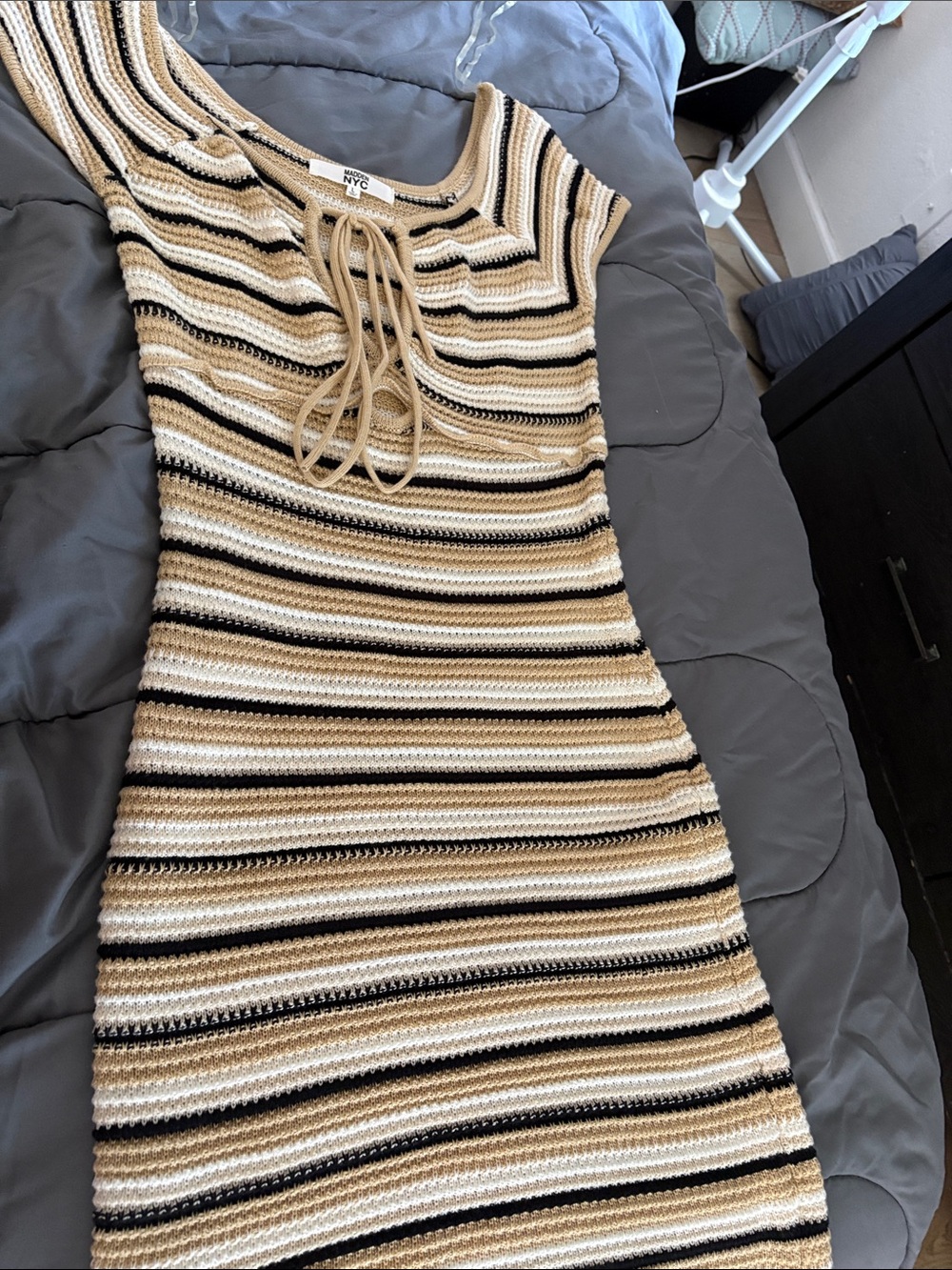 Steve Madden Striped Knit Sleeveless Dress in Black, Cream, Tan